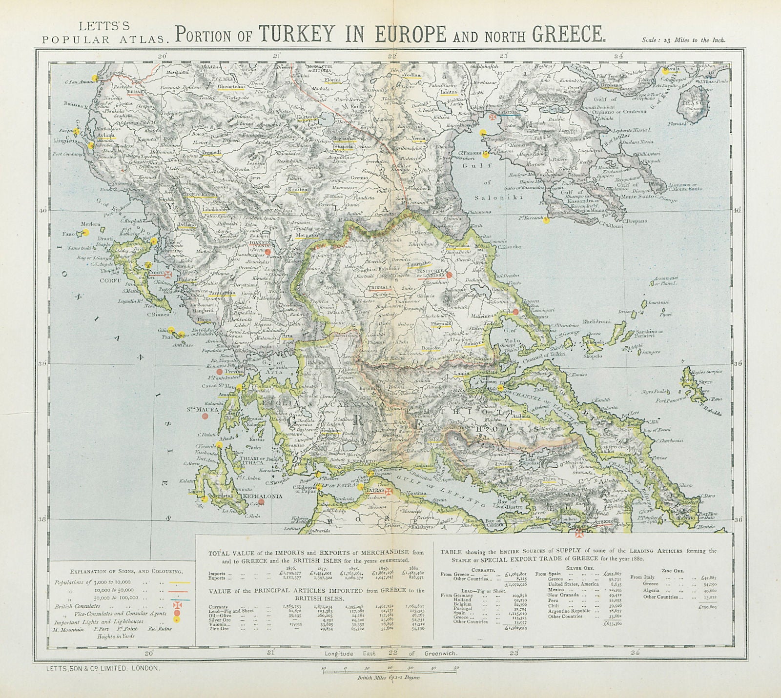 NORTHERN GREECE. Turkey in Europe. Lighthouses. British Consuls. LETTS 1883 map